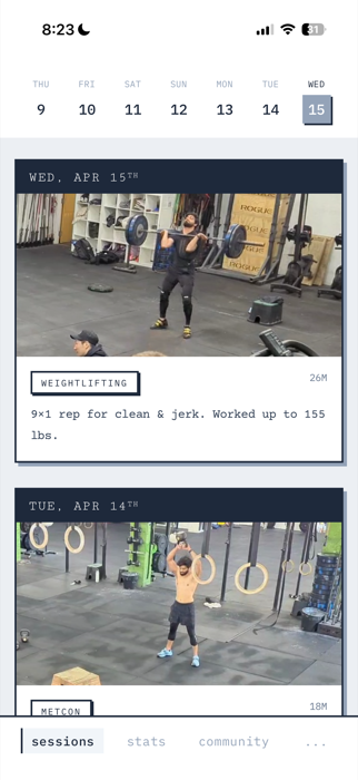 Sessions feed showing auto-detected workouts with video clips