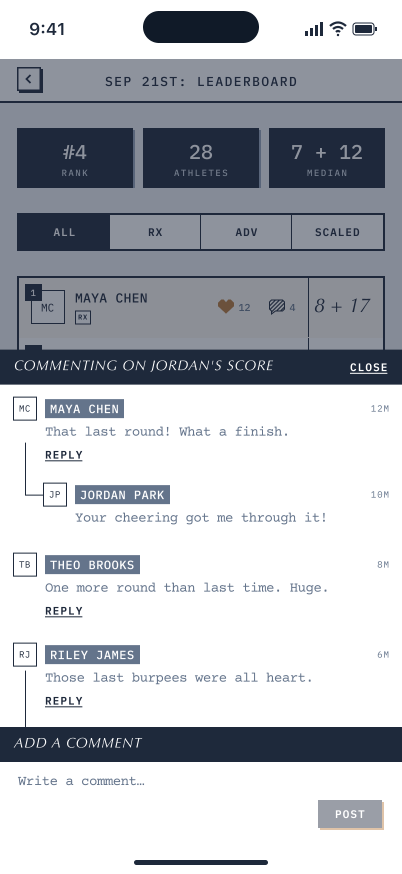 Comments on Jordan’s score: encouragement from Maya, Theo, and Riley, with replies and an add-comment field