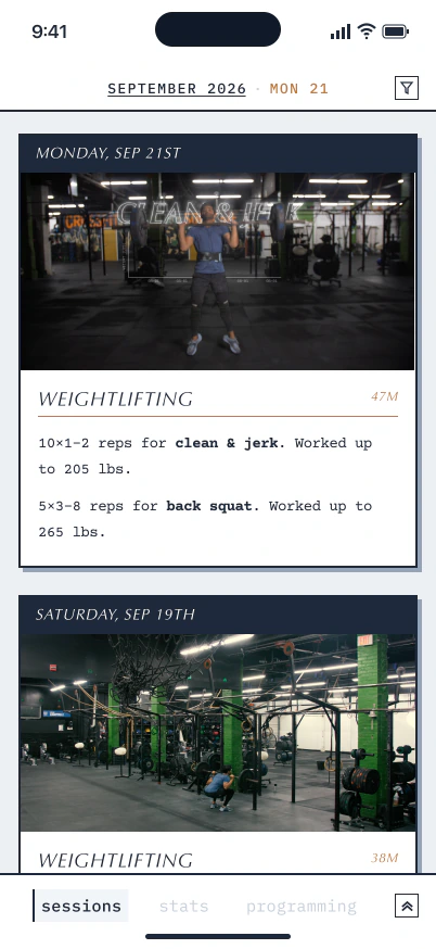 Your Morph feed: workout highlights and summaries, including a 205-pound clean and jerk and 265-pound back squat