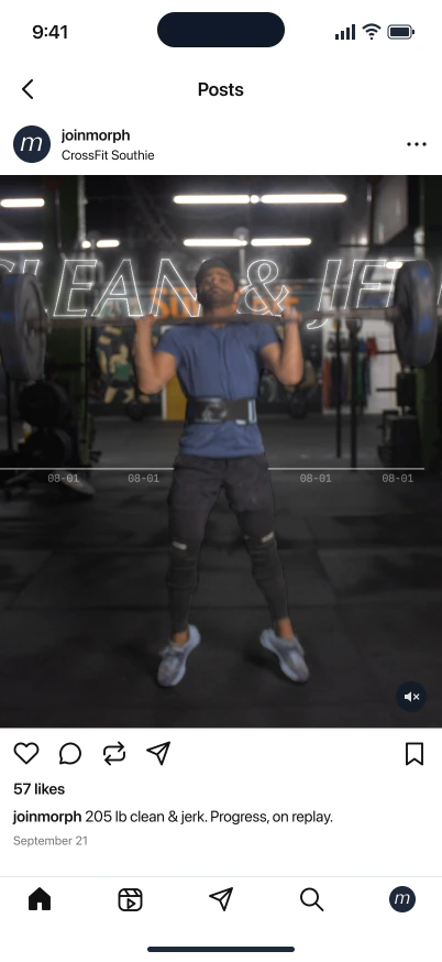 An Instagram video post by joinmorph at CrossFit Southie: 205-pound clean and jerk, progress on replay