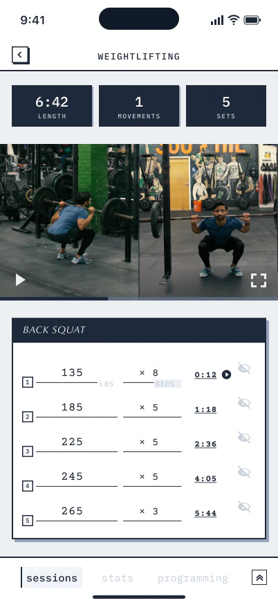 Morph replay: a back squat workout from two camera angles, with five sets from 135 to 265 pounds