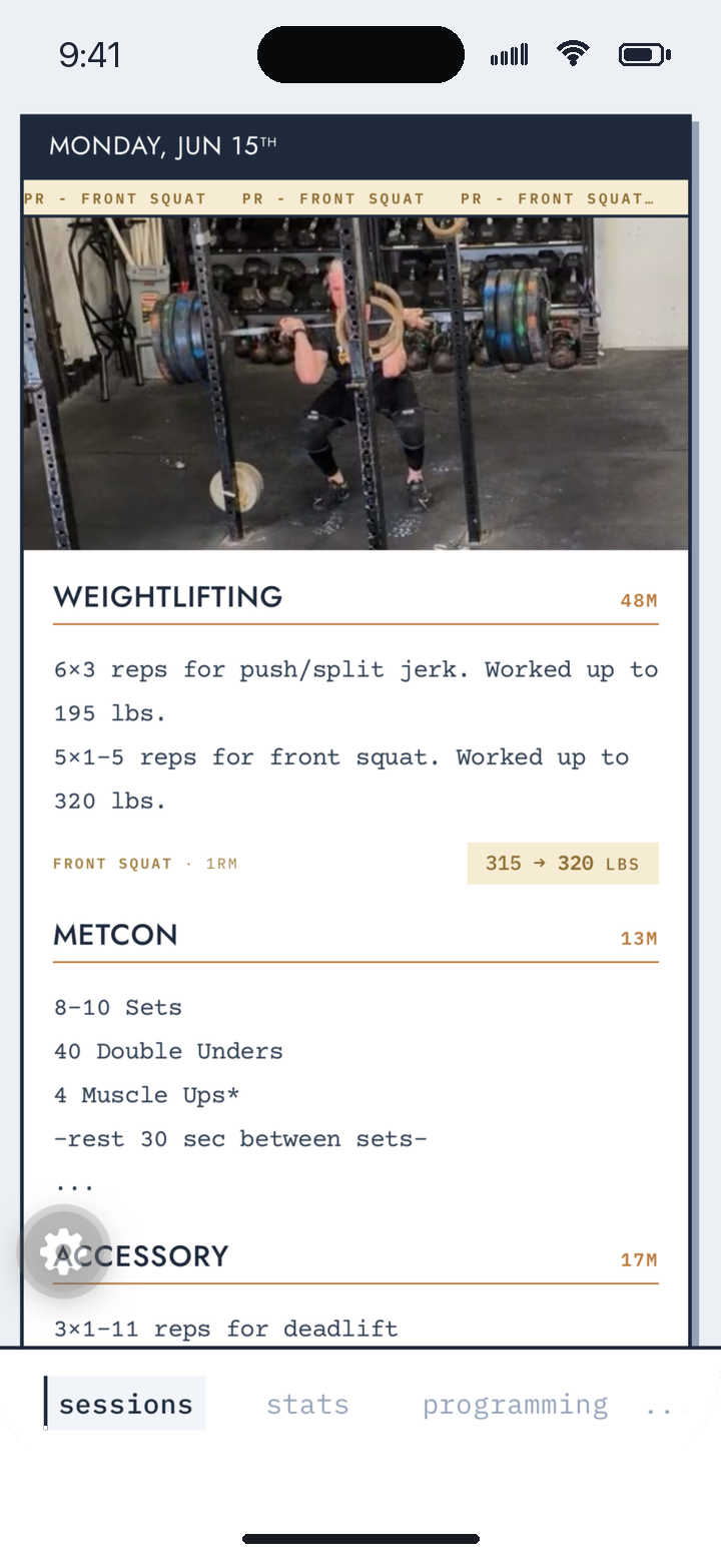 Morph session feed showing a front squat personal record